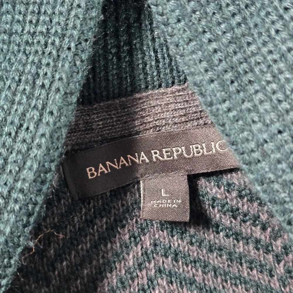 Banana Republic Mens Wool Herringbone Shawl Collar Cardigan Grey Green Large